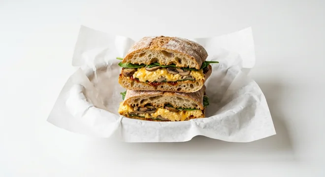 Caffè Nero Egg, Mushroom & Tomato Ciabatta, ciabatta roll cut and stacked, scrambled egg, roasted mushrooms, tomato mayo and spinach, nutrition and calories