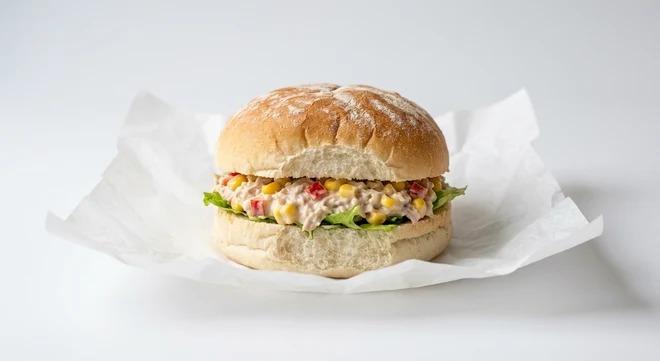 Greggs Tuna Crunch Roll, white roll filled with tuna mayonnaise, sweetcorn and lettuce on white paper, nutrition and calories