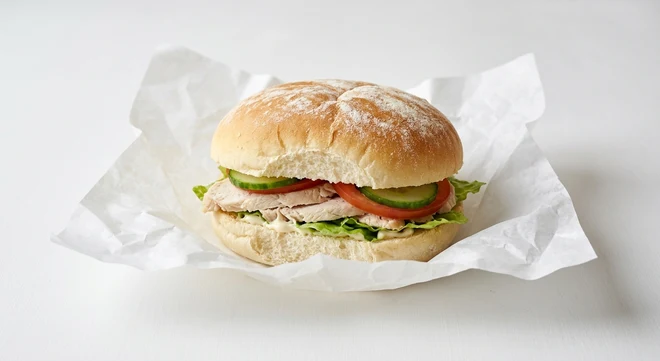 Greggs Roast Chicken Salad Roll, white roll filled with chicken, lettuce, tomato and cucumber on white paper, nutrition and calories