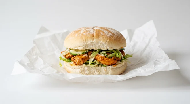 Greggs Tandoori Chicken Roll, white roll filled with tandoori chicken and salad on white paper, nutrition and calories