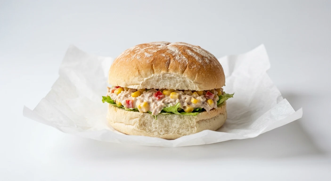 Greggs Tuna Crunch Roll, white roll filled with tuna mayonnaise, sweetcorn and lettuce on white paper, nutrition and calories