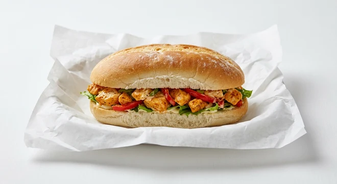 Greggs Mexican Chicken Oval Bite, oval roll filled with spiced chicken and red pepper on white paper, nutrition and calories