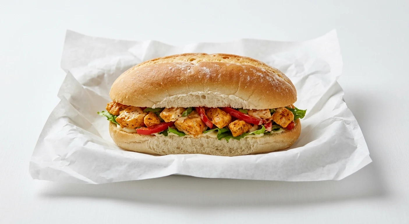 Greggs Mexican Chicken Oval Bite, oval roll filled with spiced chicken and red pepper on white paper, nutrition and calories