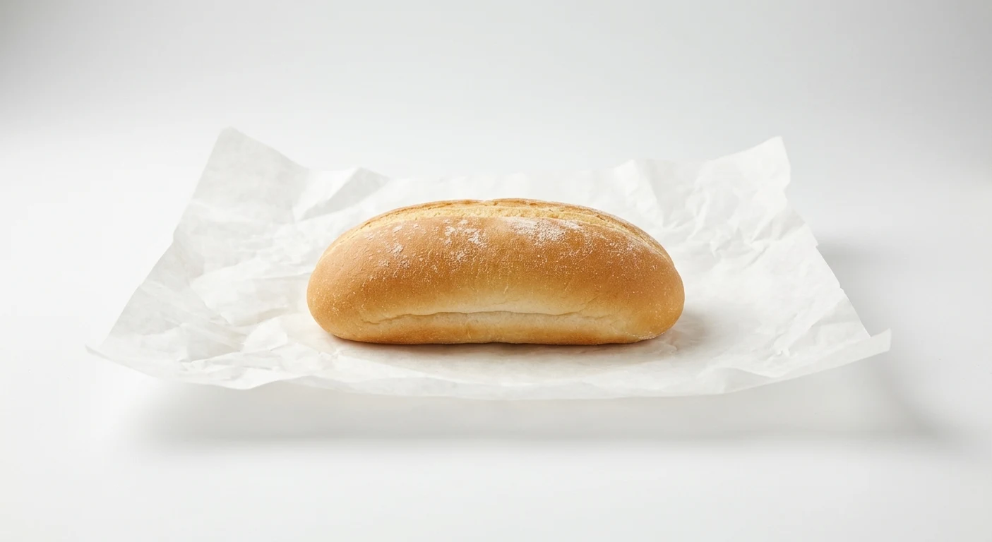 Greggs Oval Bites, plain oval white bread roll on white paper, nutrition and calories