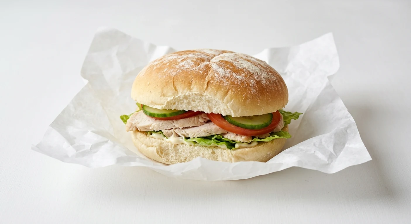 Greggs Roast Chicken Salad Roll, white roll filled with chicken, lettuce, tomato and cucumber on white paper, nutrition and calories