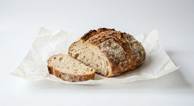 Greggs White Bread made with Sourdough, rustic white sourdough loaf with a slice cut on white paper, nutrition and calories