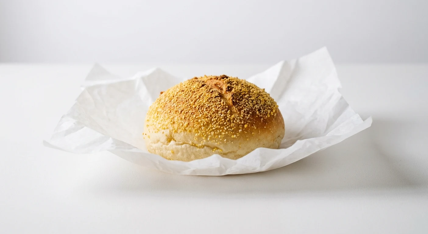 Greggs Corn Topped Roll, round white roll with a cornmeal crust on white paper, nutrition and calories