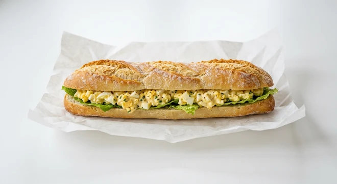 Greggs Free Range Egg Mayonnaise Baguette, baguette filled with egg mayonnaise and lettuce on white paper, nutrition and calories