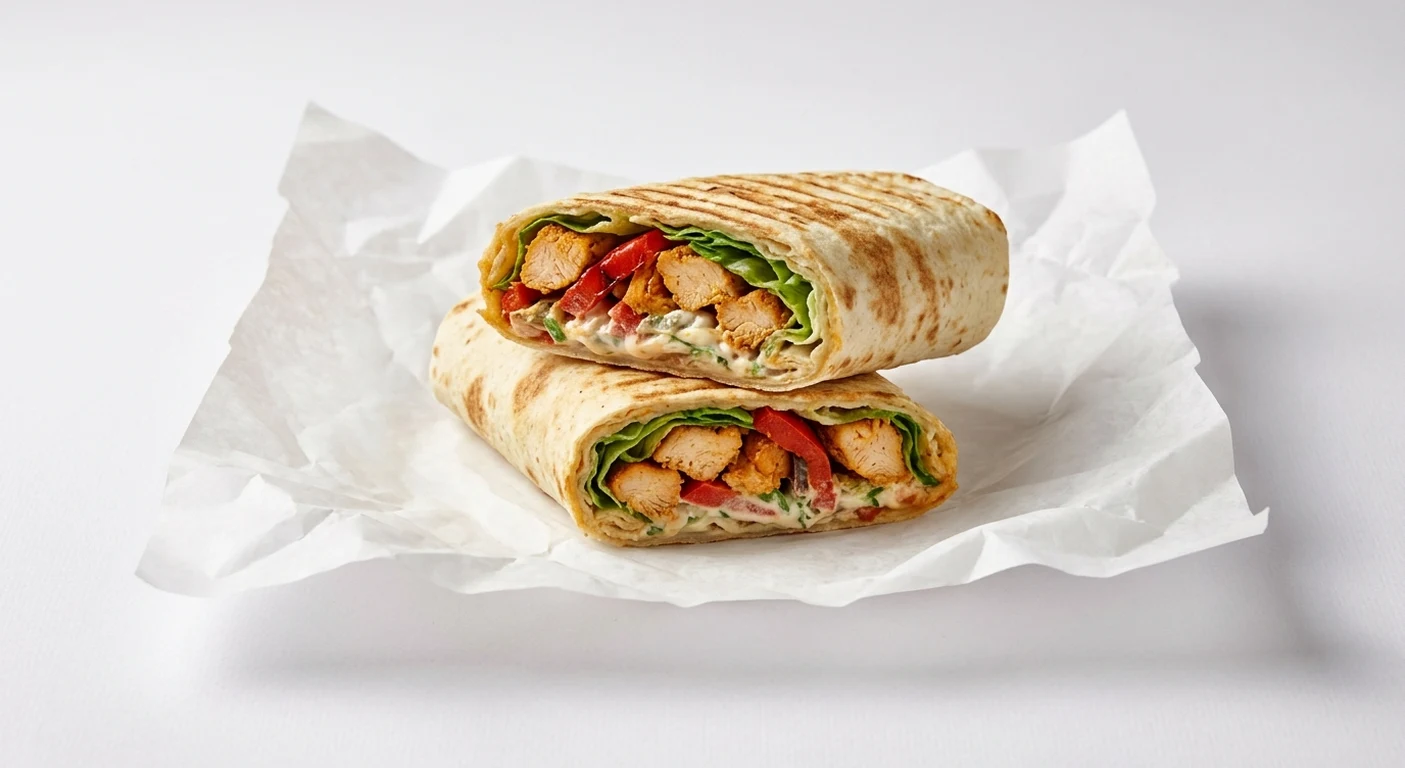 Greggs Mexican Chicken Flatbread, toasted flatbread filled with spiced chicken, red pepper and lettuce on white paper, nutrition and calories