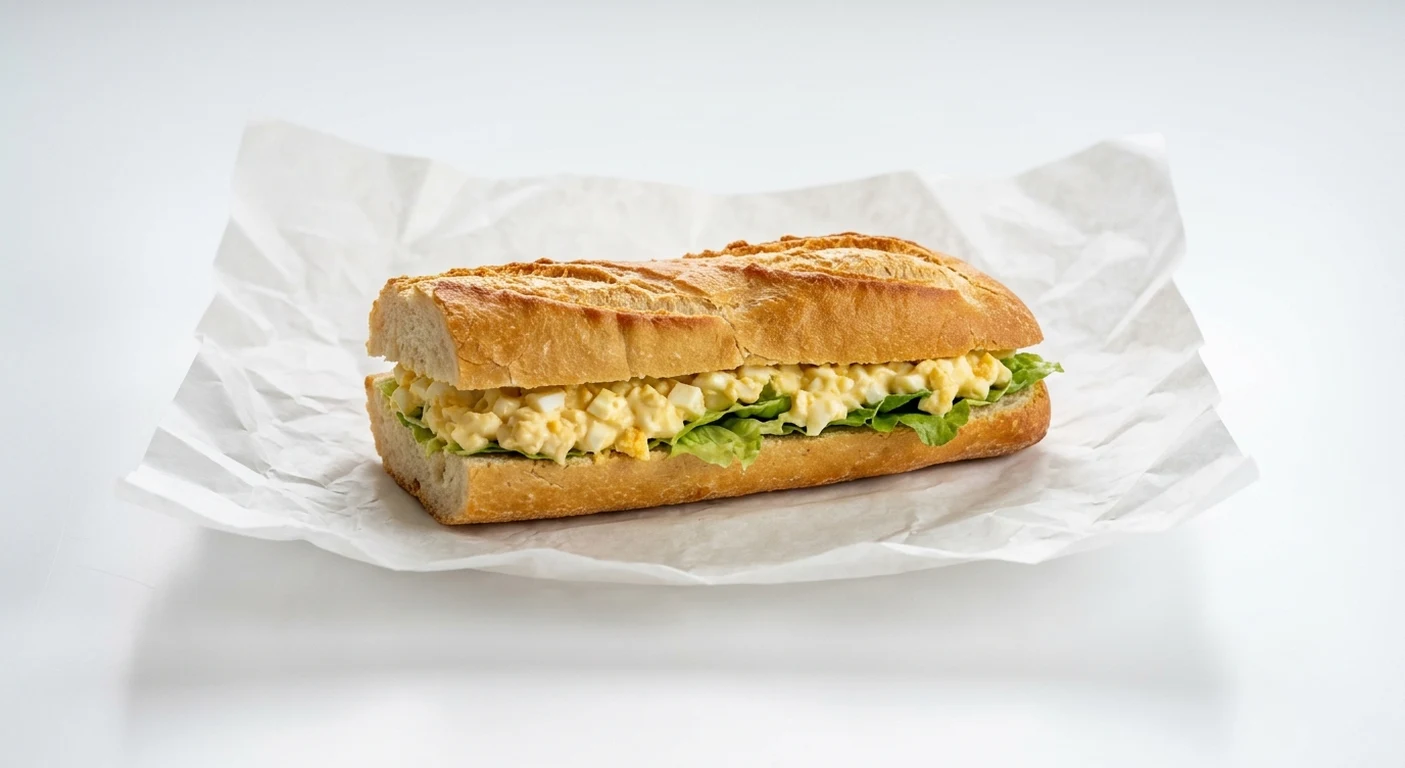 Greggs Free Range Egg Mayonnaise Half Baguette, half baguette filled with egg mayonnaise and lettuce on white paper, nutrition and calories