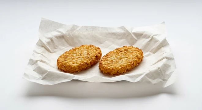 Greggs Hash Browns, two crispy golden hash browns on white paper, nutrition and calories
