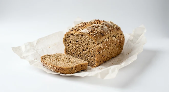 Greggs Malted Brown Loaf, malted brown tin loaf with a slice cut on white paper, nutrition and calories