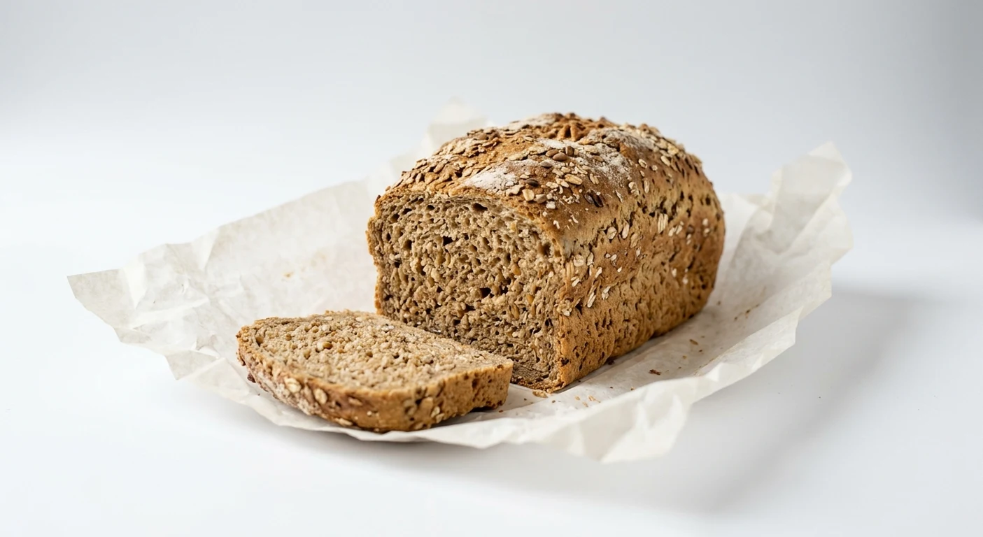 Greggs Malted Brown Loaf, malted brown tin loaf with a slice cut on white paper, nutrition and calories