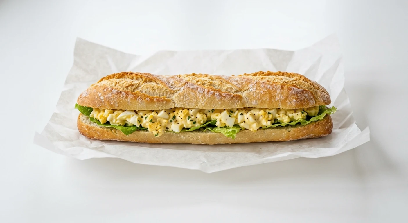 Greggs Free Range Egg Mayonnaise Baguette, baguette filled with egg mayonnaise and lettuce on white paper, nutrition and calories