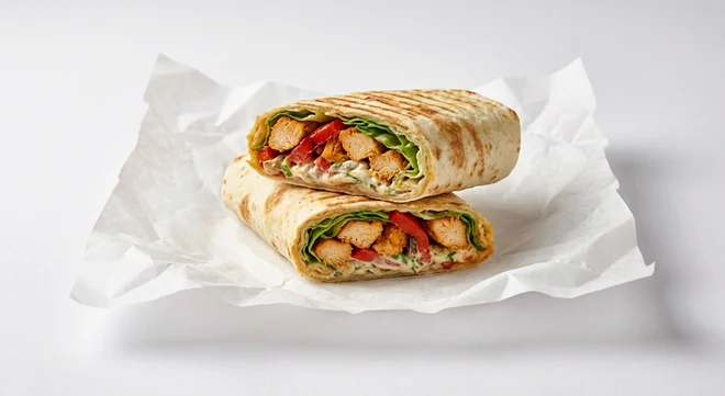 Greggs Mexican Chicken Flatbread, toasted flatbread filled with spiced chicken, red pepper and lettuce on white paper, nutrition and calories