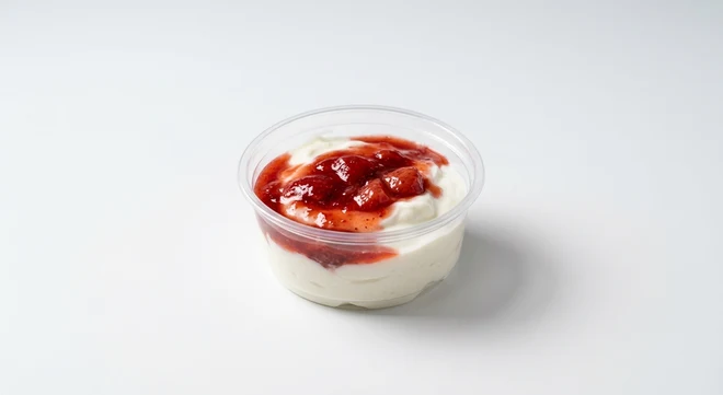 Greggs Fat Free Greek Style Yoghurt with Strawberry Compote, Greek yoghurt with strawberry compote in a clear pot, nutrition and calories