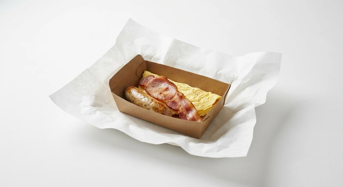 Greggs Breakfast Box, sausage, bacon and omelette in a kraft card box on white paper, nutrition and calories