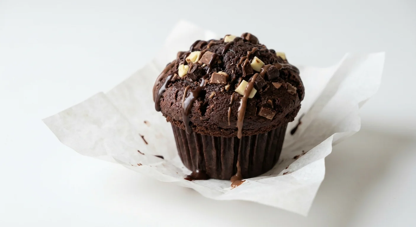 Caffè Nero Ultimate Chocolate Muffin, chocolate muffin with chocolate chunks and chocolate sauce drizzle, nutrition and calories