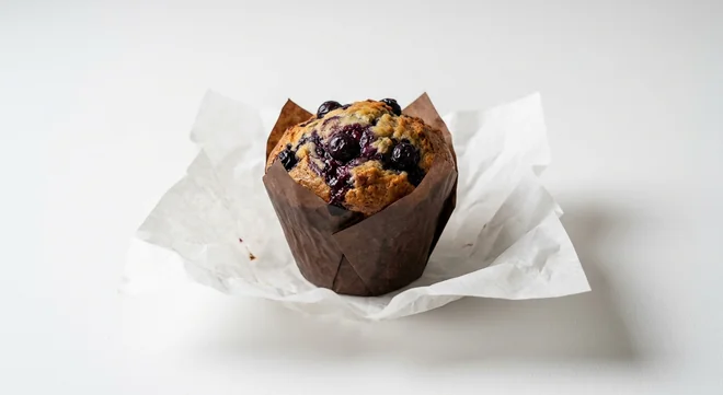 Caffè Nero Blueberry Muffin, blueberry muffin in a brown paper case with blueberry sauce, nutrition and calories