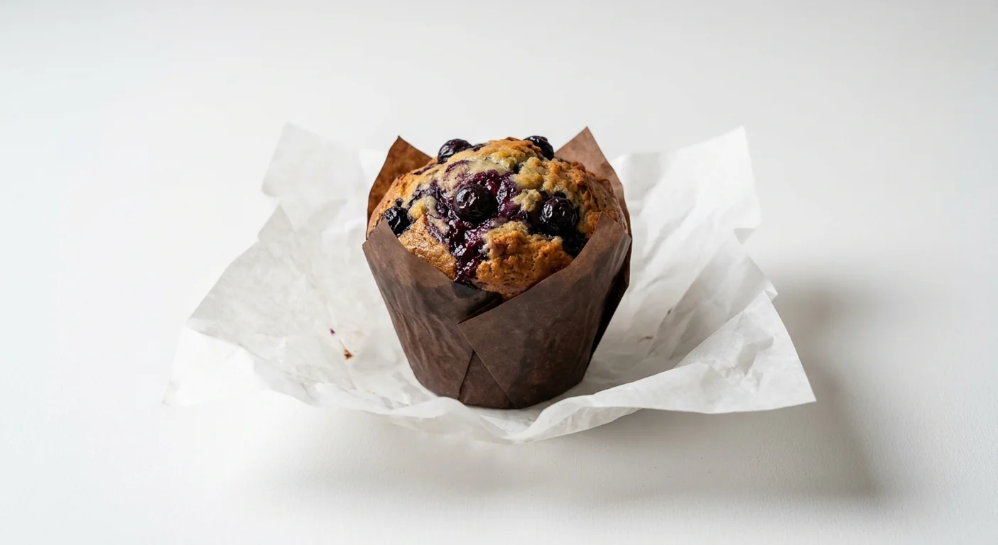Caffè Nero Blueberry Muffin, blueberry muffin in a brown paper case with blueberry sauce, nutrition and calories