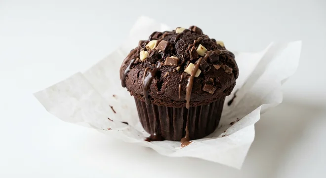 Caffè Nero Ultimate Chocolate Muffin, chocolate muffin with chocolate chunks and chocolate sauce drizzle, nutrition and calories