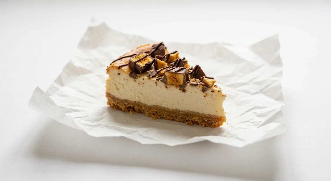 Caffè Nero Honeycomb Cheesecake, slice of cheesecake on a biscuit base topped with chocolate honeycomb, nutrition and calories