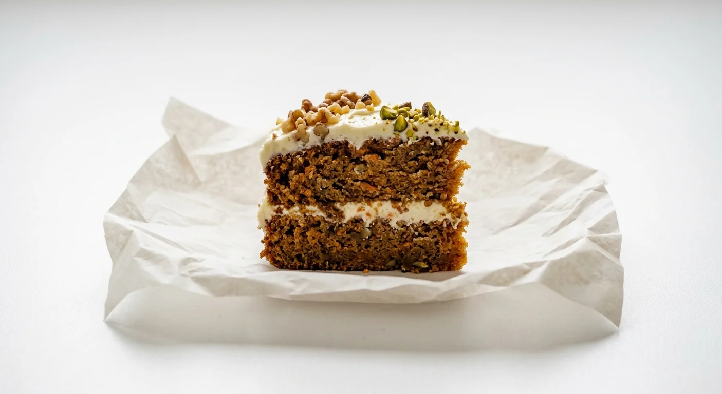 Caffè Nero Carrot Cake, slice of carrot cake with cream cheese frosting, walnuts and pistachios, nutrition and calories