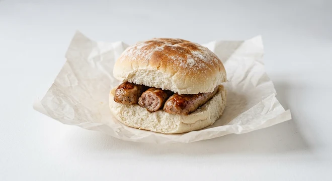 Greggs Sausage Breakfast Roll, white bap filled with sausages on white paper, nutrition and calories