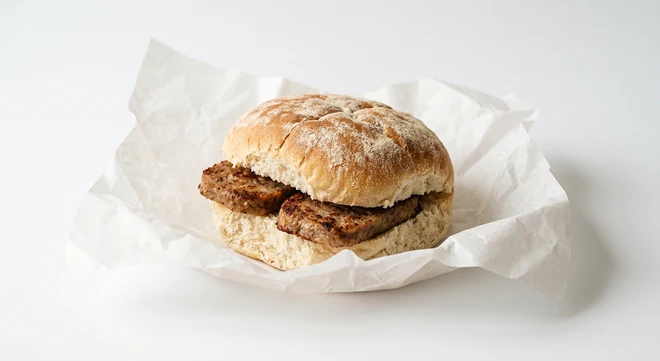 Greggs Lorne Breakfast Roll, white bap with square Lorne sausage on white paper, nutrition and calories