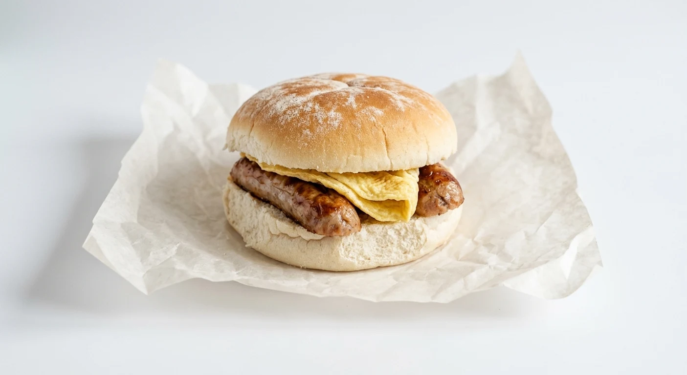 Greggs Sausage & Omelette Breakfast Roll, white bap with sausages and omelette on white paper, nutrition and calories