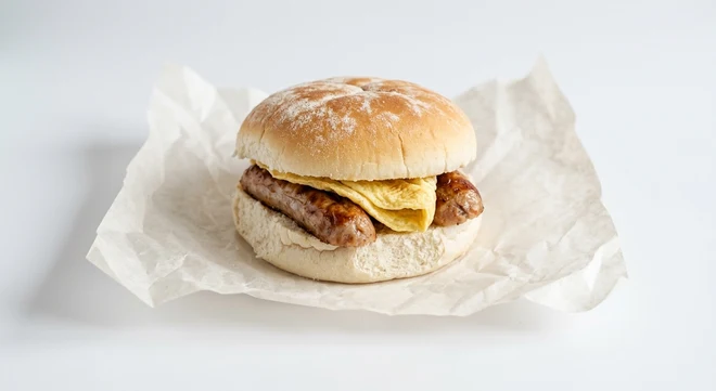 Greggs Sausage & Omelette Breakfast Roll, white bap with sausages and omelette on white paper, nutrition and calories