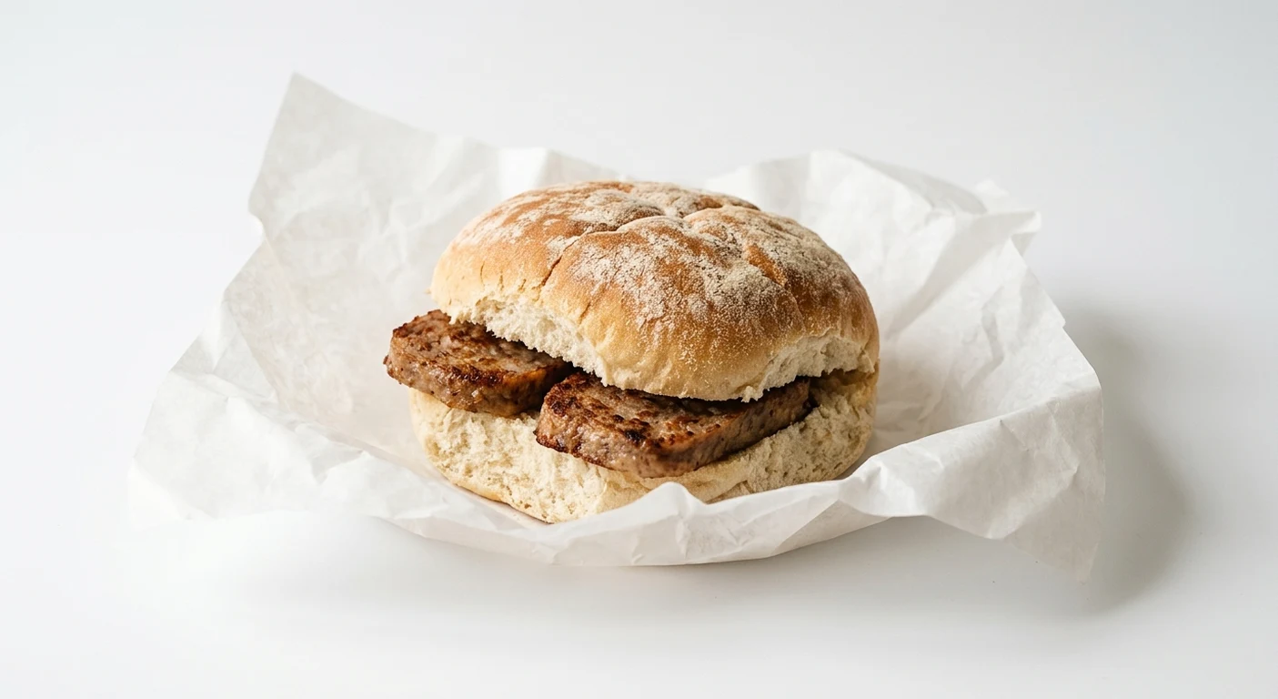 Greggs Lorne Breakfast Roll, white bap with square Lorne sausage on white paper, nutrition and calories