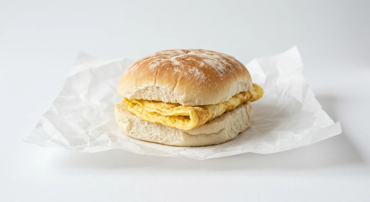 Greggs Omelette Breakfast Roll, white bap with folded omelette on white paper, nutrition and calories
