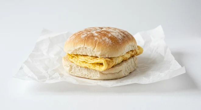 Greggs Omelette Breakfast Roll, white bap with folded omelette on white paper, nutrition and calories