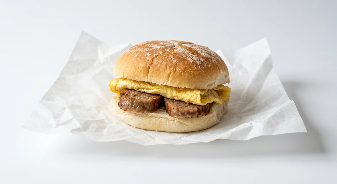 Greggs Lorne & Omelette Breakfast Roll, white bap with Lorne sausage and omelette on white paper, nutrition and calories