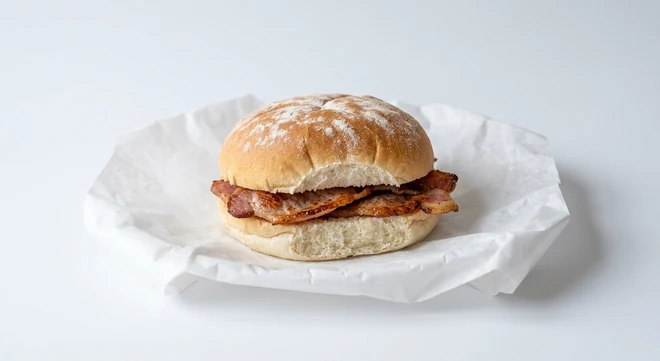 Greggs Bacon Breakfast Roll, white bap with back bacon on white paper, nutrition and calories