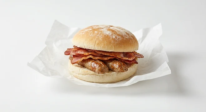 Greggs Bacon & Sausage Breakfast Roll, white bap with bacon and sausages on white paper, nutrition and calories