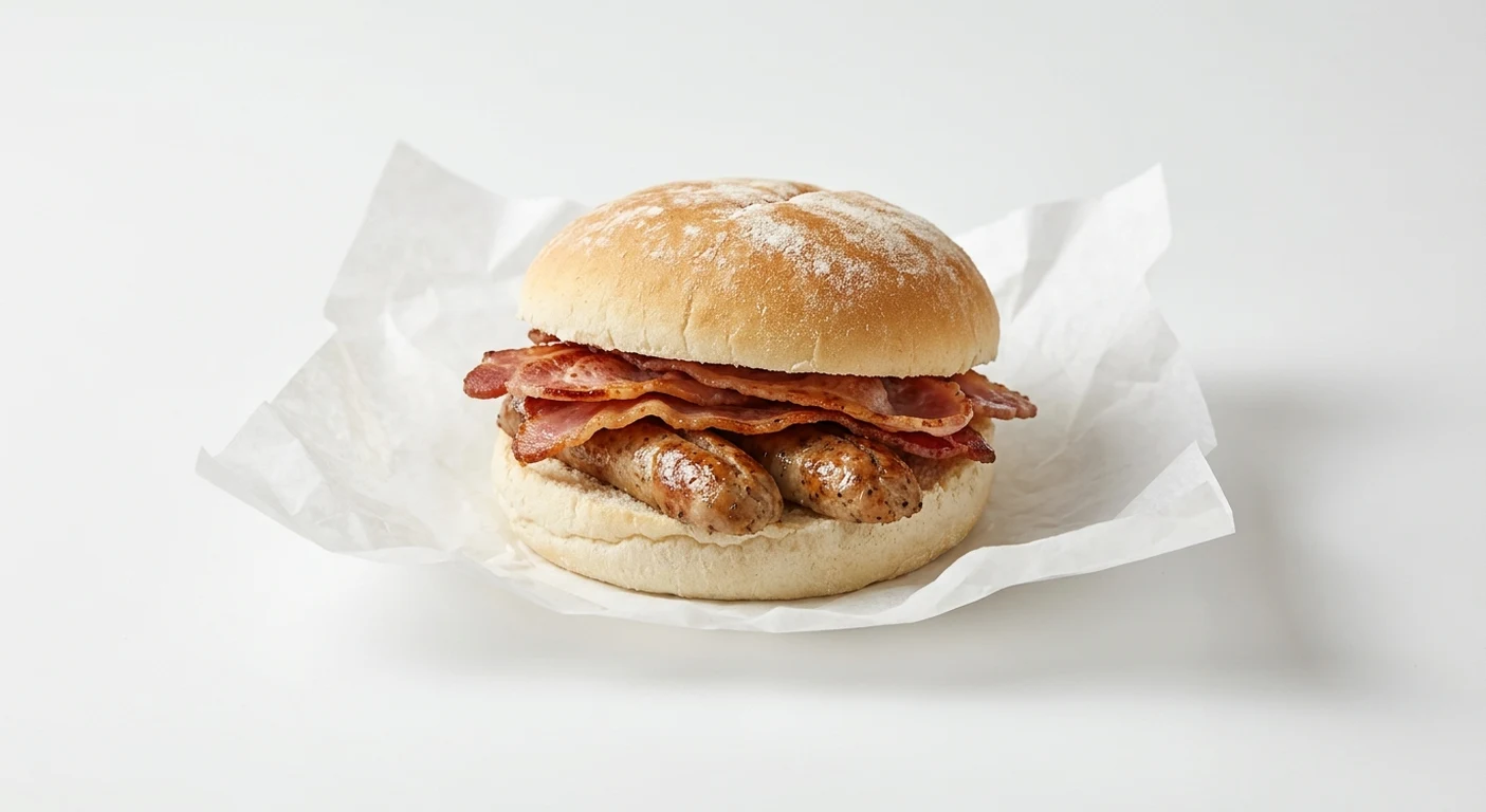 Greggs Bacon & Sausage Breakfast Roll, white bap with bacon and sausages on white paper, nutrition and calories