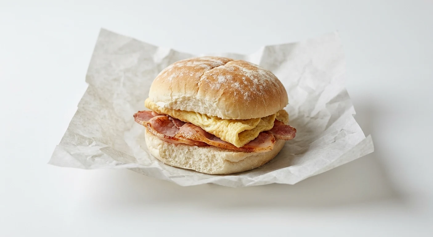 Greggs Bacon & Omelette Breakfast Roll, white bap with bacon and omelette on white paper, nutrition and calories