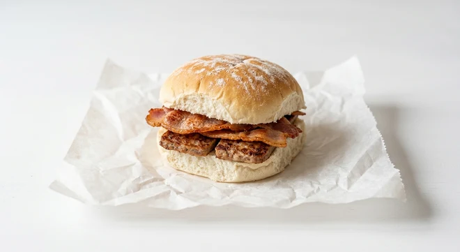 Greggs Bacon & Lorne Breakfast Roll, white bap with bacon and Lorne sausage on white paper, nutrition and calories