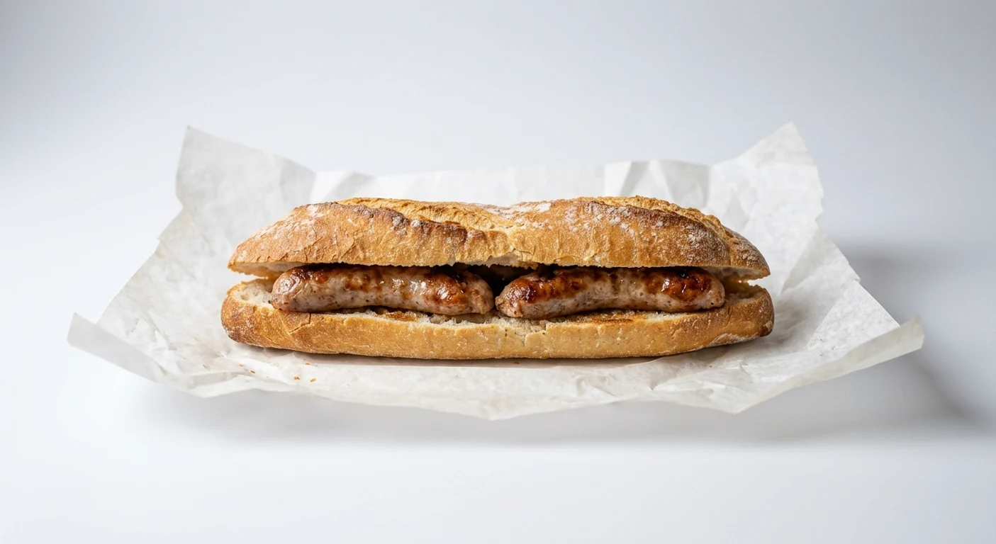 Greggs Sausage Breakfast Baguette, hot baguette filled with sausages on white paper, nutrition and calories