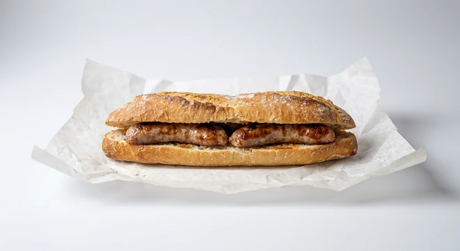 Greggs Sausage Breakfast Baguette, hot baguette filled with sausages on white paper, nutrition and calories