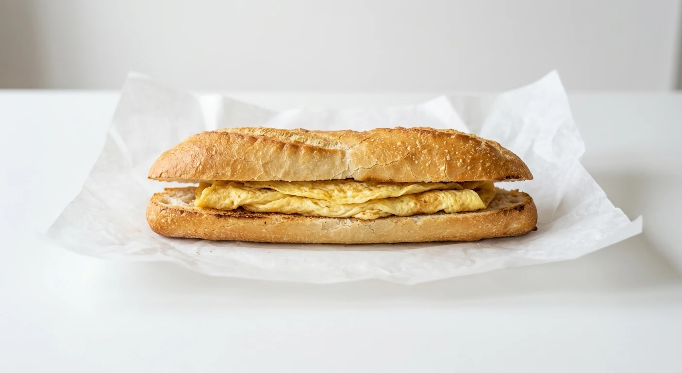 Greggs Omelette Breakfast Baguette, hot baguette with folded omelette on white paper, nutrition and calories