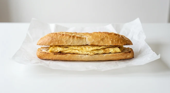 Greggs Omelette Breakfast Baguette, hot baguette with folded omelette on white paper, nutrition and calories