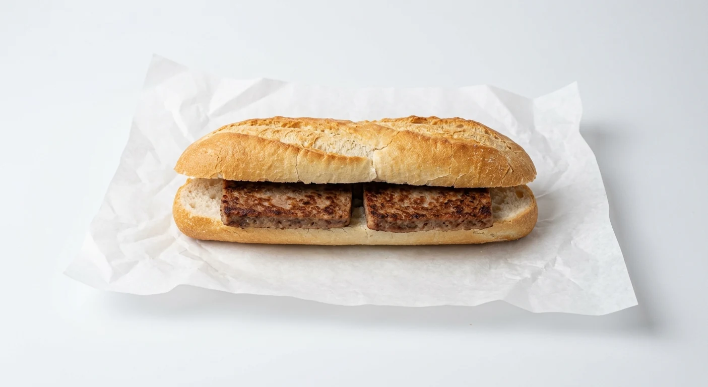 Greggs Lorne Breakfast Baguette, hot baguette with square Lorne sausage on white paper, nutrition and calories