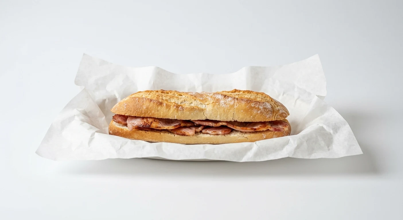Greggs Bacon Breakfast Baguette, hot baguette with back bacon on white paper, nutrition and calories