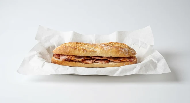 Greggs Bacon Breakfast Baguette, hot baguette with back bacon on white paper, nutrition and calories