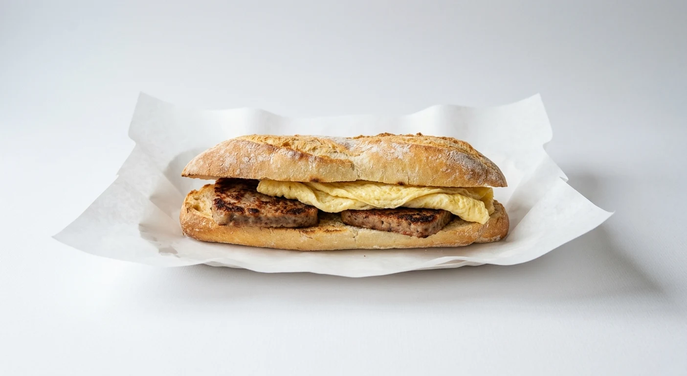 Greggs Lorne & Omelette Breakfast Baguette, hot baguette with Lorne sausage and omelette on white paper, nutrition and calories