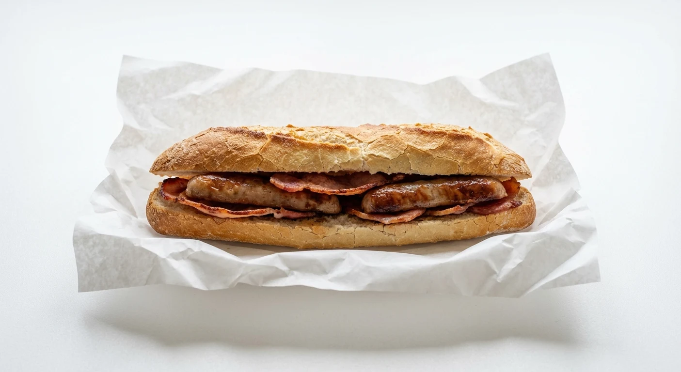 Greggs Bacon & Sausage Breakfast Baguette, hot baguette with bacon and sausages on white paper, nutrition and calories