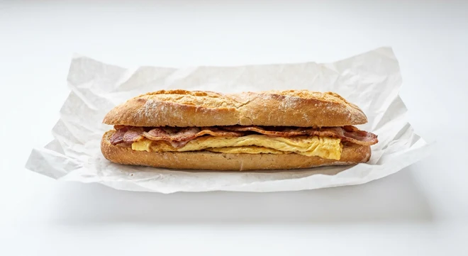 Greggs Bacon & Omelette Breakfast Baguette, hot baguette with bacon and omelette on white paper, nutrition and calories